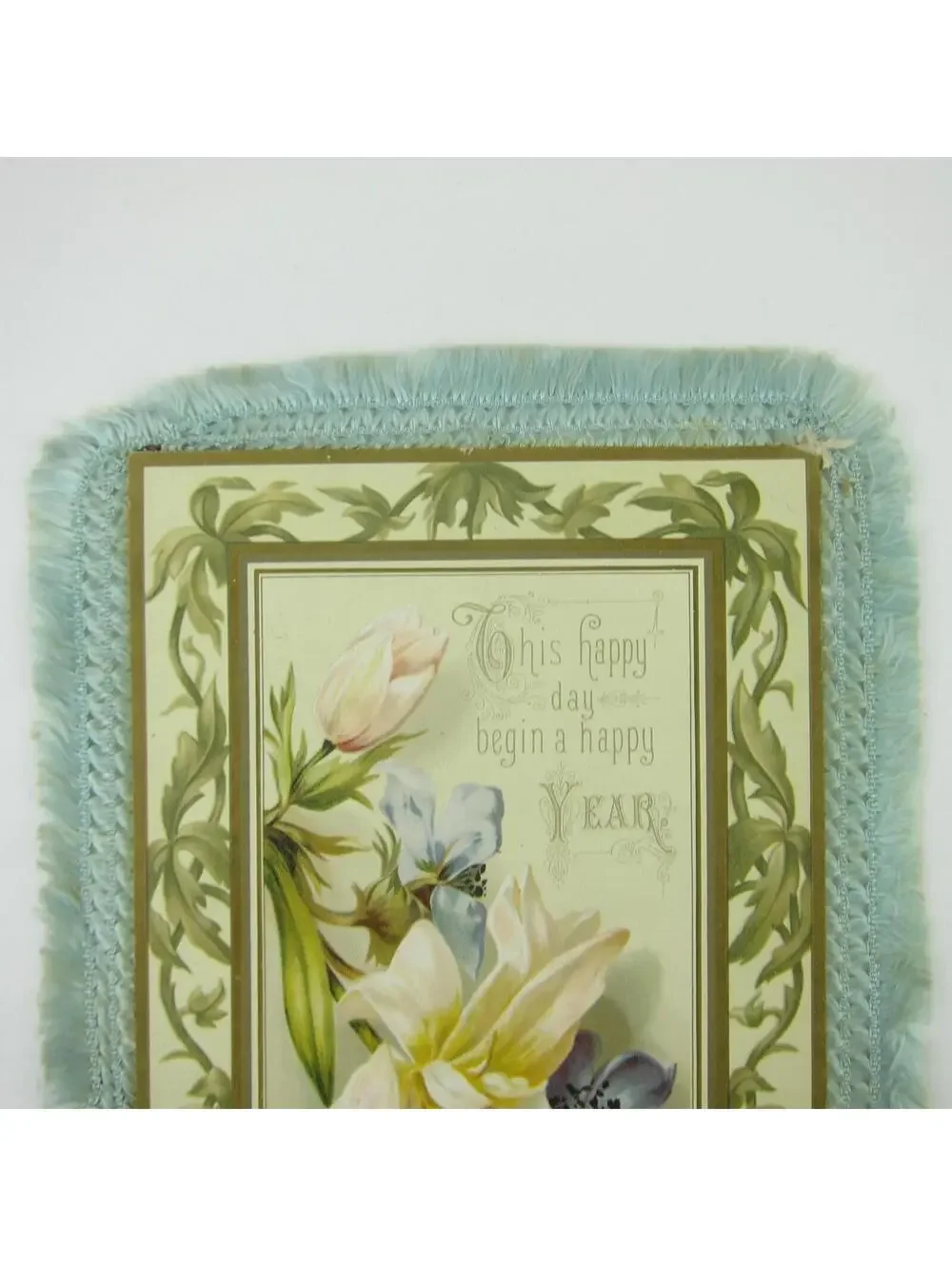 Victorian Card XL New Years Flowers Blue Silk Fringe Double Sided Antique 1886